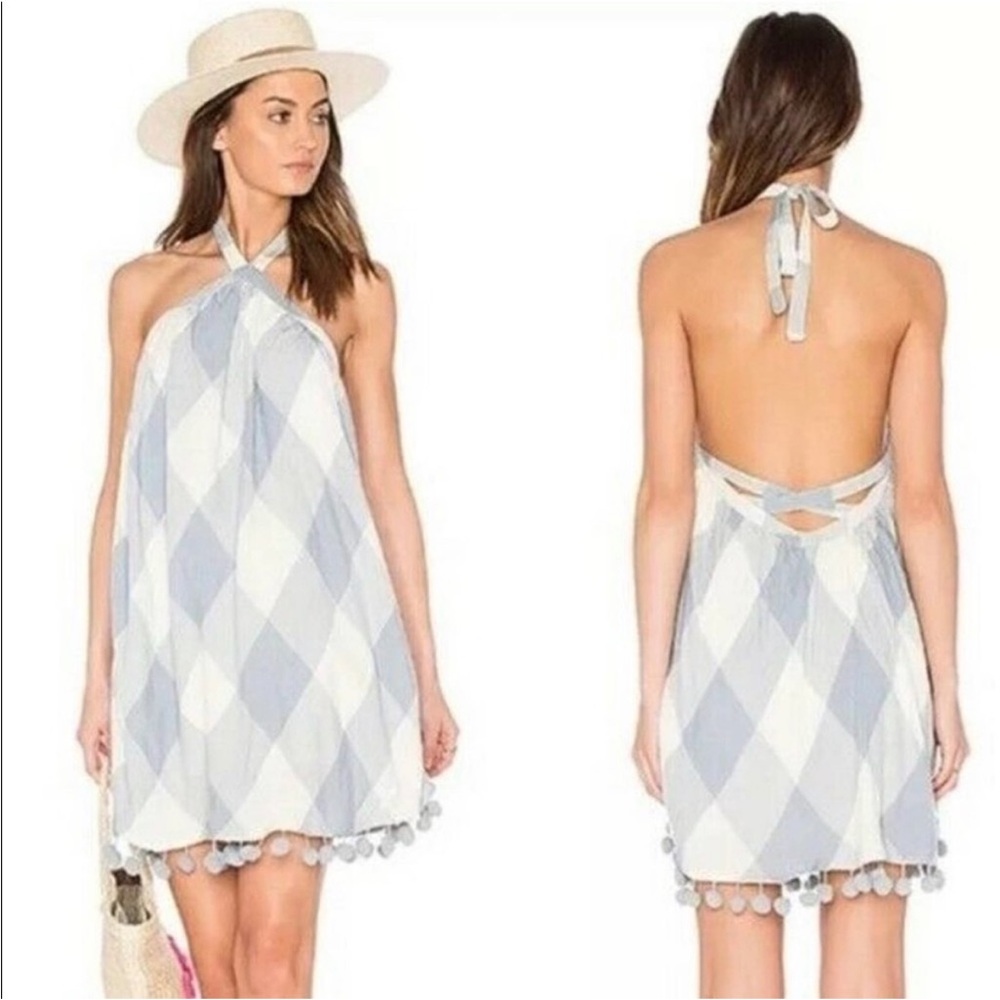 NWT Tularosa Pom Pom Halter mini Dress blue plaid size XS